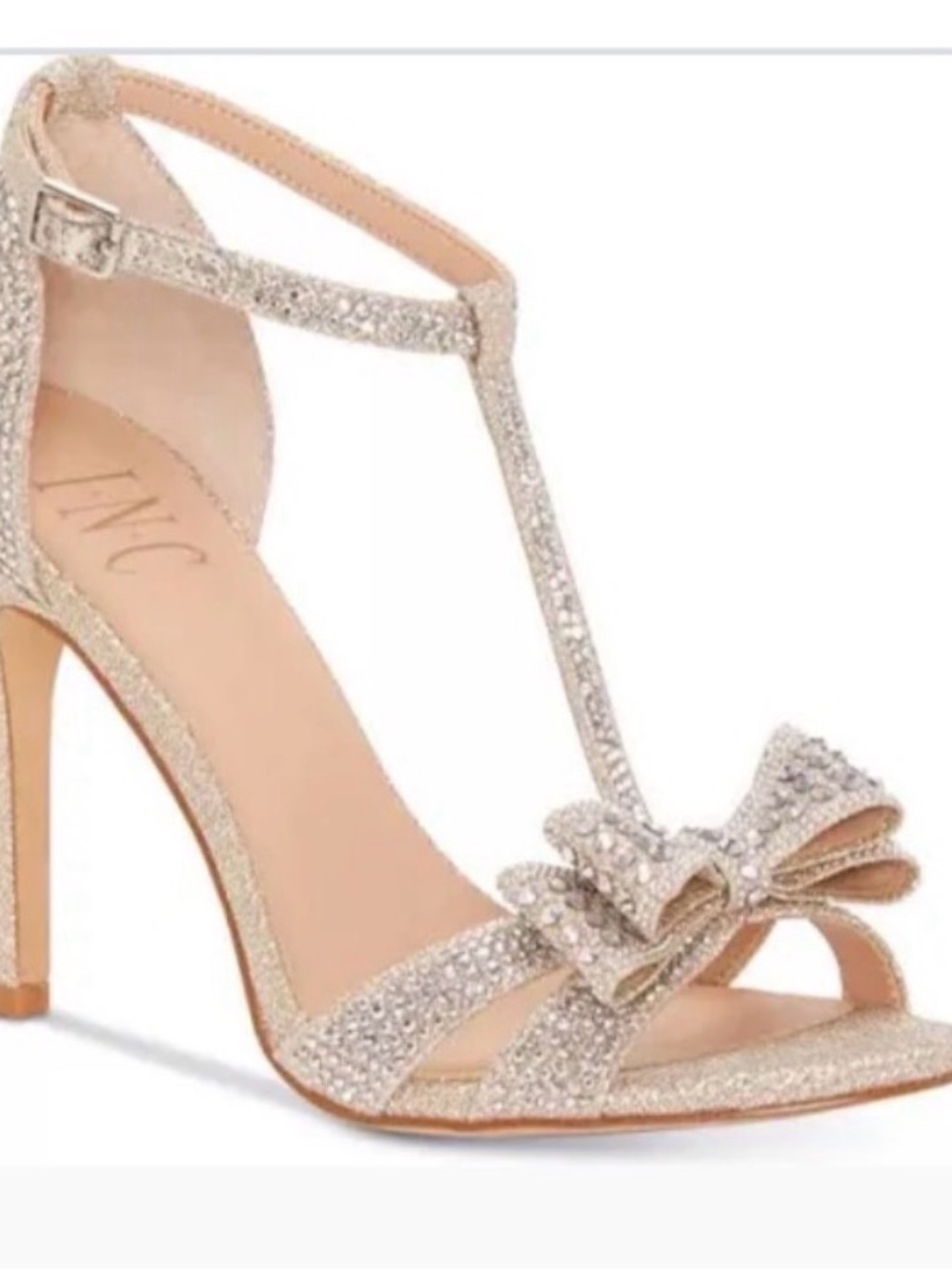 INC Champagne Crystals w Bow T-Strap Hi Heels Sz 10